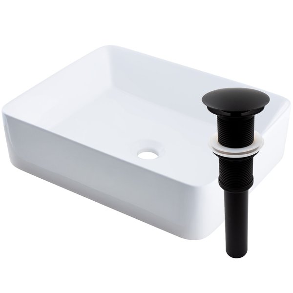 Novatto Rectangular White Porcelain Vessel Sink with Matte Black Drain Set NP-01321MB